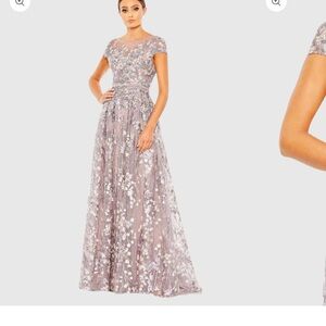 Mac Duggal Silver Floral Lace Maxi Dress